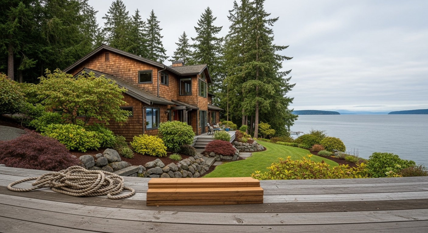 Waterfront home on Whidbey Island with mature landscaping and clear sky over Puget Sound.